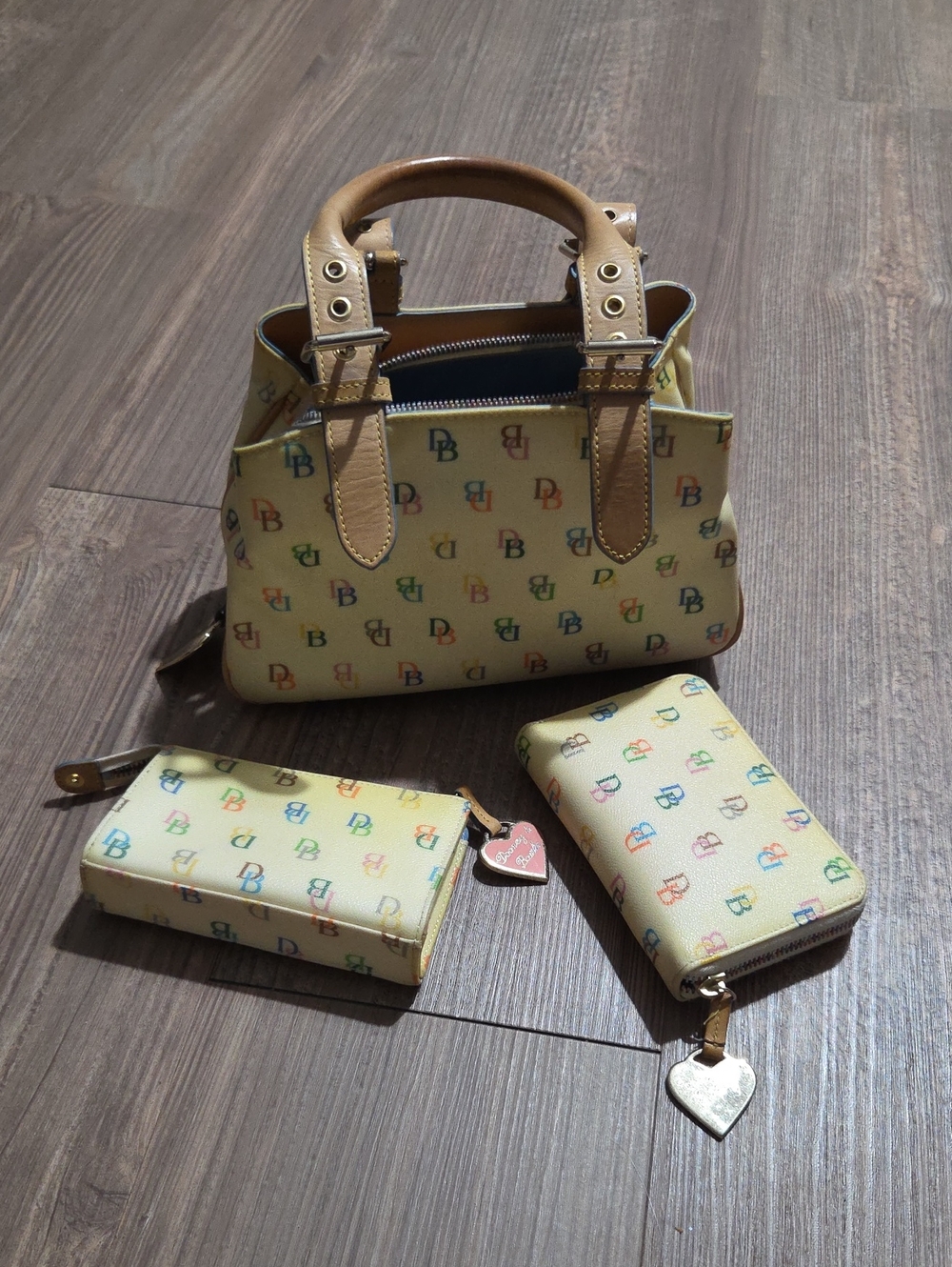Yellow Dooney & Bourke Multicolor Monogram Satchel Handbag And Wallet
